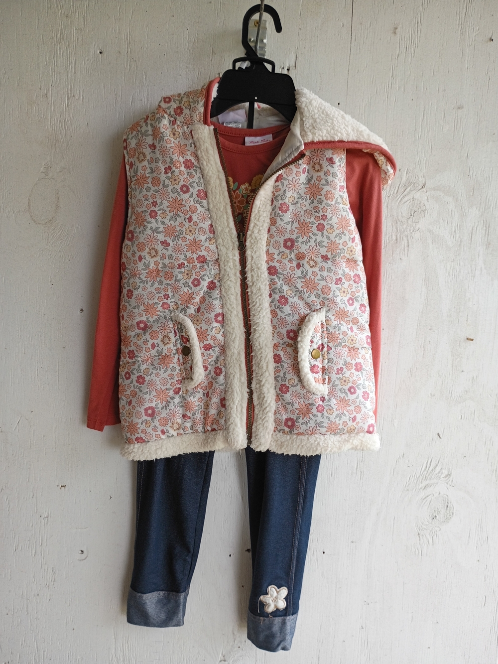 Little Lass Floral Sherpa Hooded Vest in Pink and Cream 3 Piece Set